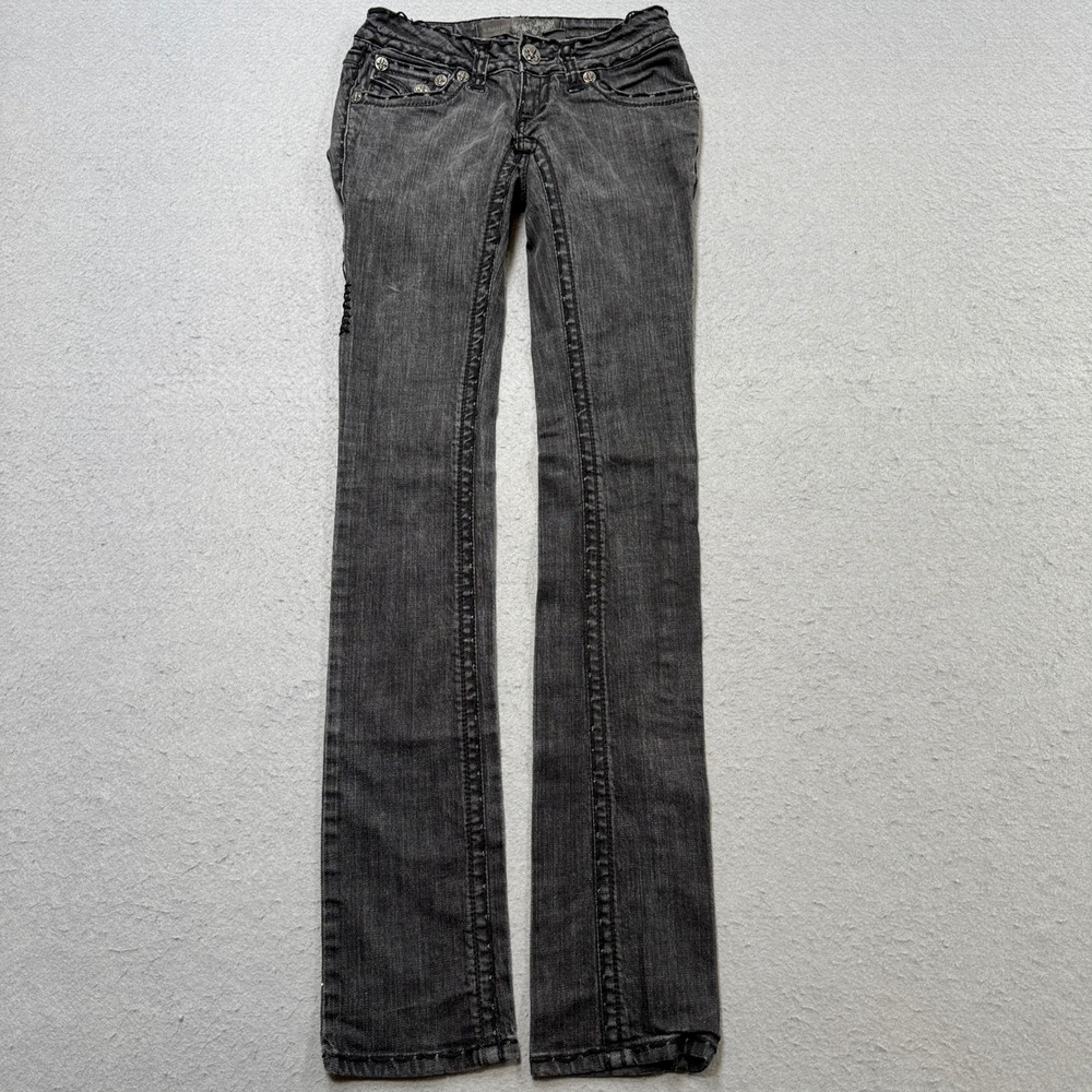Y2K Laguna Beach Jeans Women's 24 Grey Fleur De Lis Embellished Bootcut Slim USA